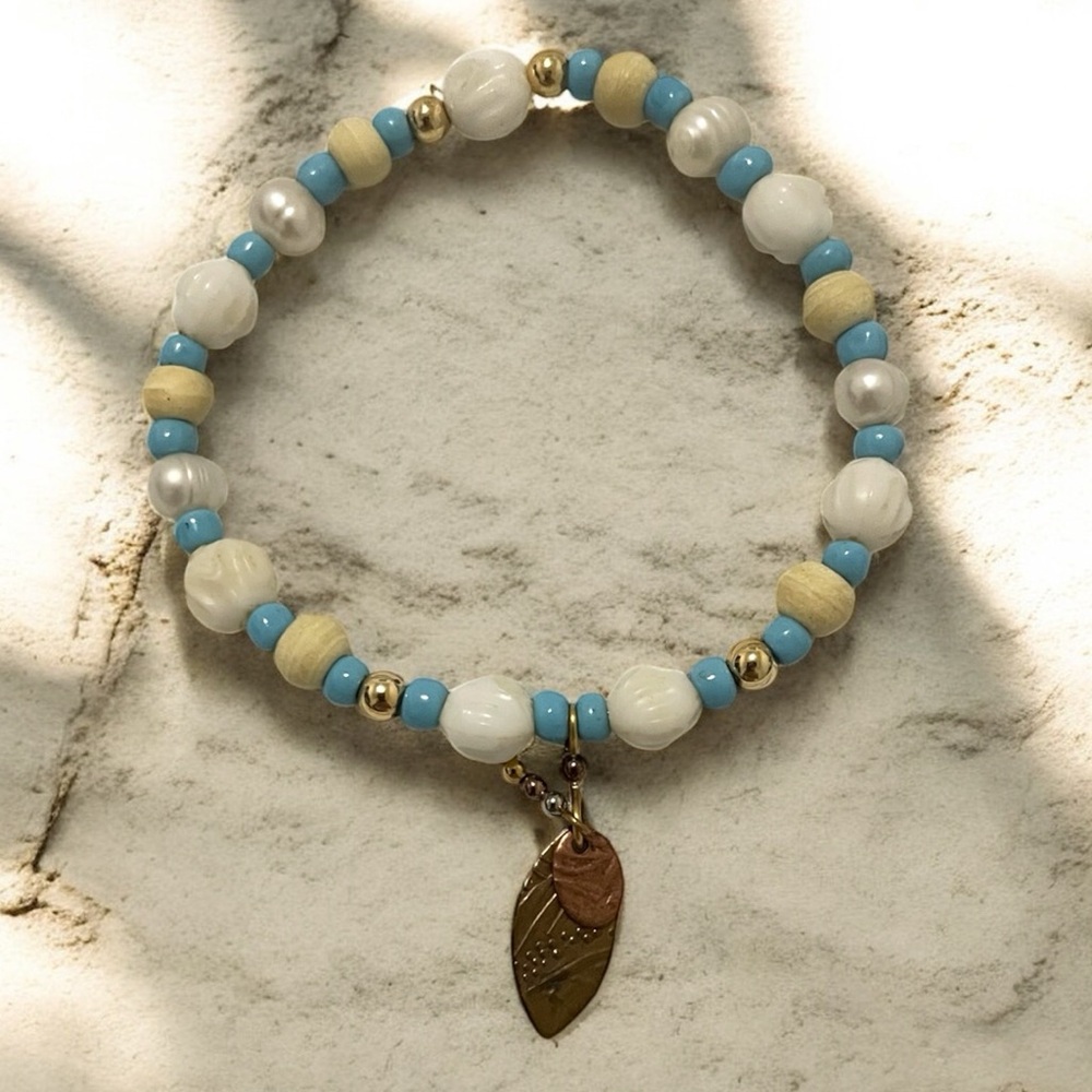 Vintage Carved Beaded Bracelet with Copper Charm Leafs